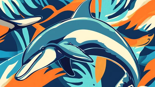 Stylized vector dolphins in dynamic teal and orange currents