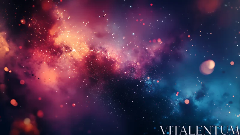 Stellar nebula clouds with glowing bokeh particles in deep space.