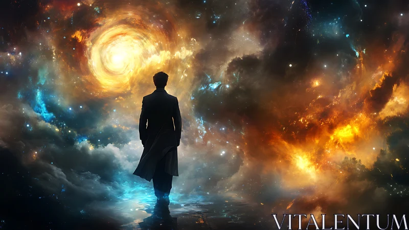 Backlit silhouette before swirling stellar vortex gateway.