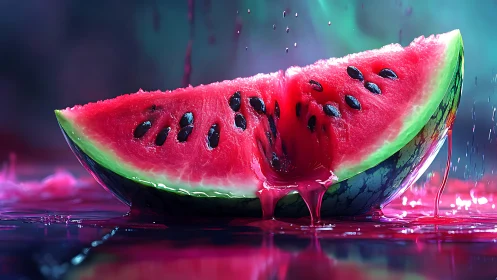 Watermelon slice rendered with intense dripping juice lighting