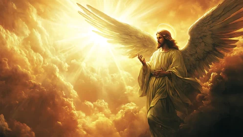 Radiant winged angel in golden luminous celestial clouds
