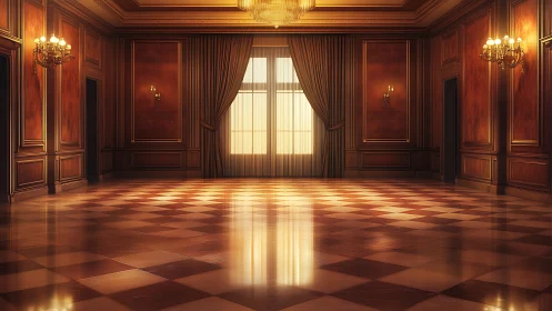 Empty polished hall shows warm wood paneling and window light