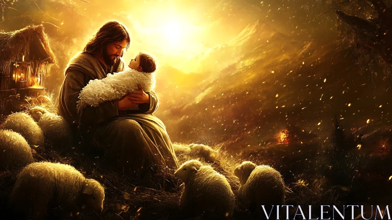 Sacred pastoral embrace under radiant golden celestial light.