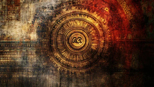 Ancient golden mandala glows against a worn, textured wall
