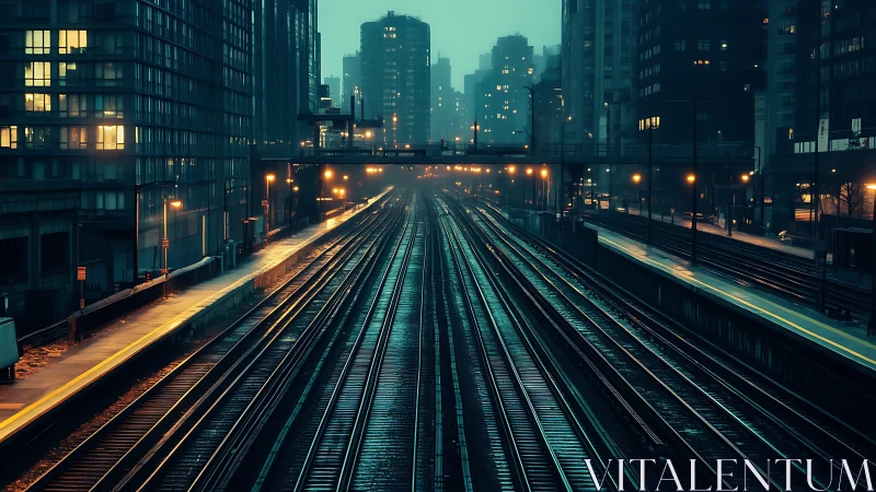 Moody city rail lines glow under misty blue evening light