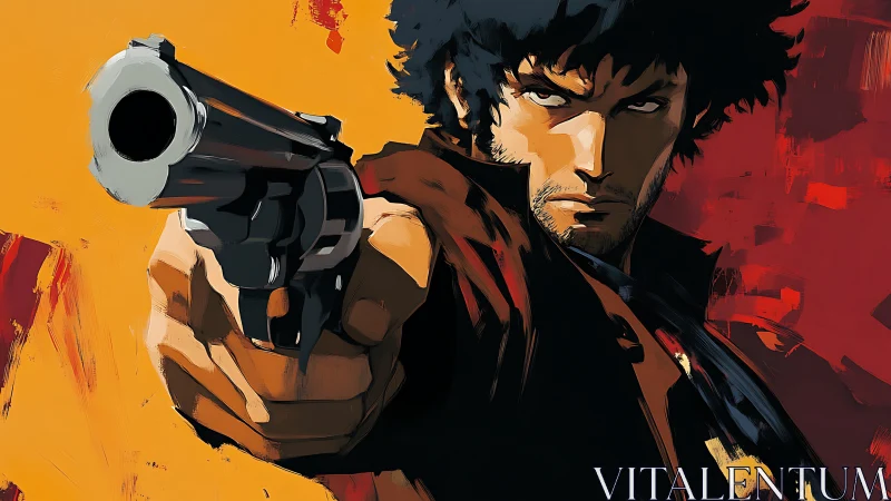 Gunman aims forward against bold orange red backdrop.