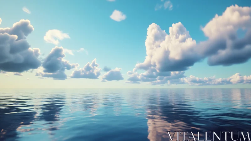 Hyperreal seascape renders cumulus cloudscape over calm horizon