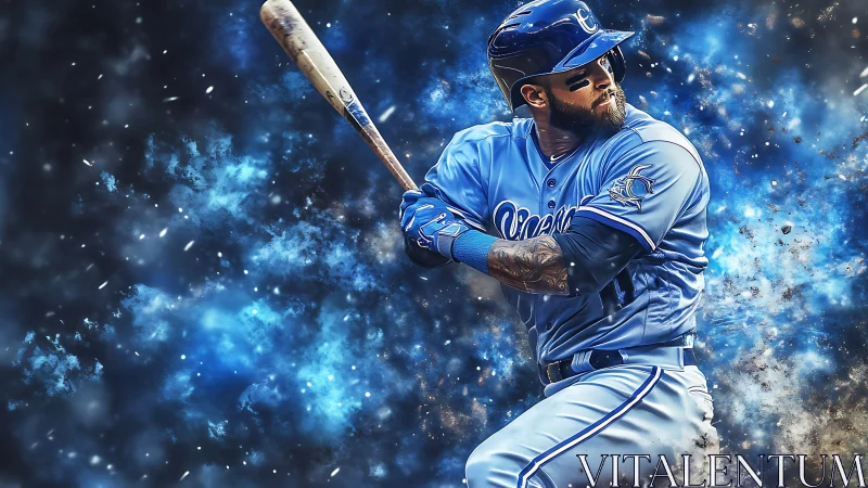 Baseball batter in blue uniform against abstract cosmos.