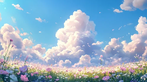 Sunlit wildflower meadow stretches beneath billowing clouds.