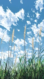 Digital painting of summer field grasses under open sky.