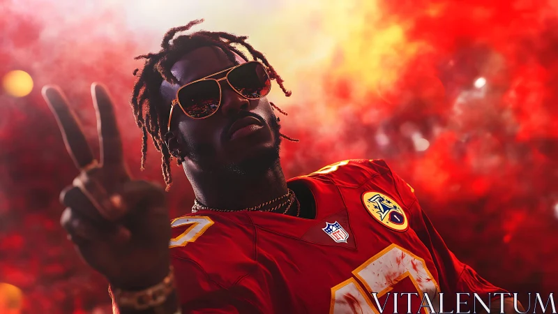 Football fan in red jersey posing with peace sign gesture.
