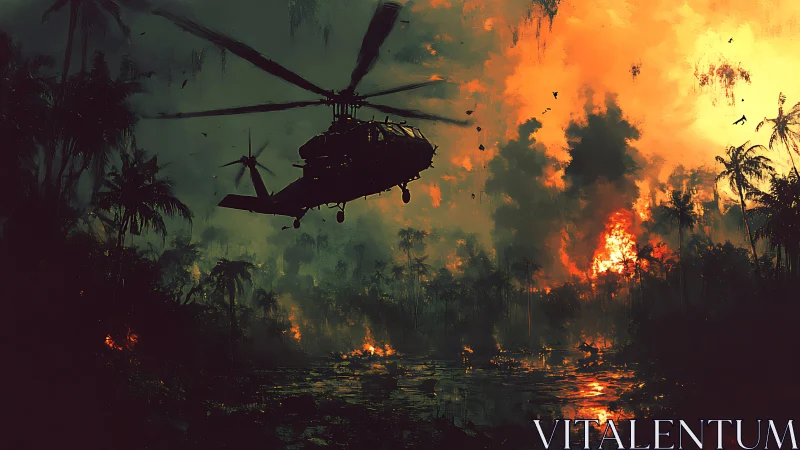 Military helicopter over burning jungle swamp at dusk