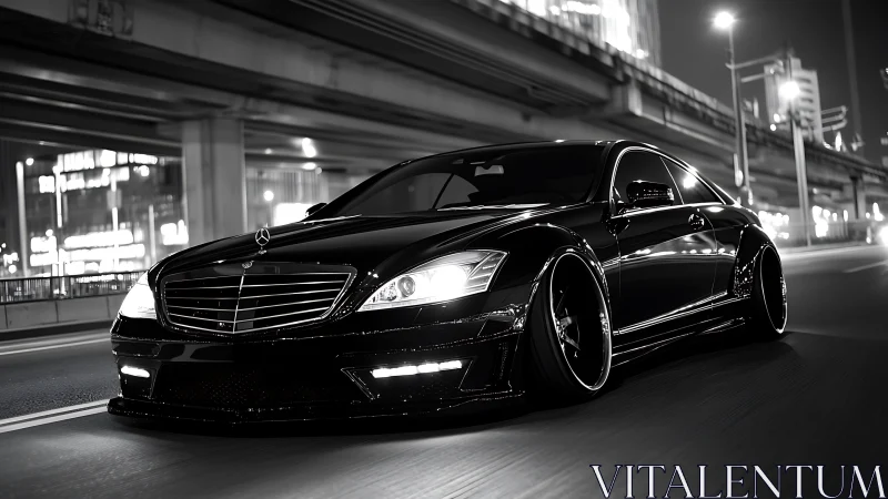 Sleek black Mercedes glides through illuminated city streets.