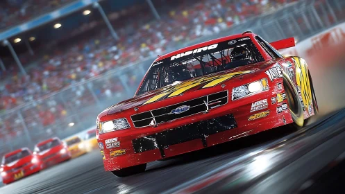 Red stock race car leading pack on high speed track.