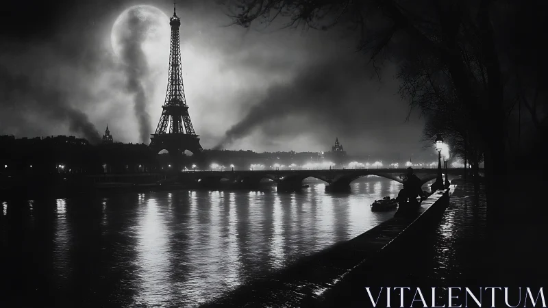 Moody Paris riverfront glows softly beneath a haunting moon