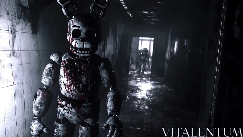 Damaged animatronic figures in dim industrial hallway scene.