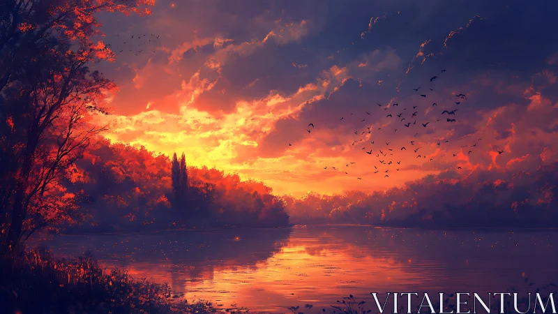 River landscape under vivid orange and violet sunset sky.