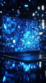 Shimmering laptop portal with blue data shards in motion.