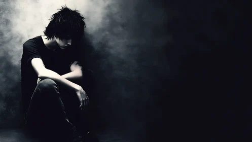 Solitary youth sits in chiaroscuro corner under deep shadows