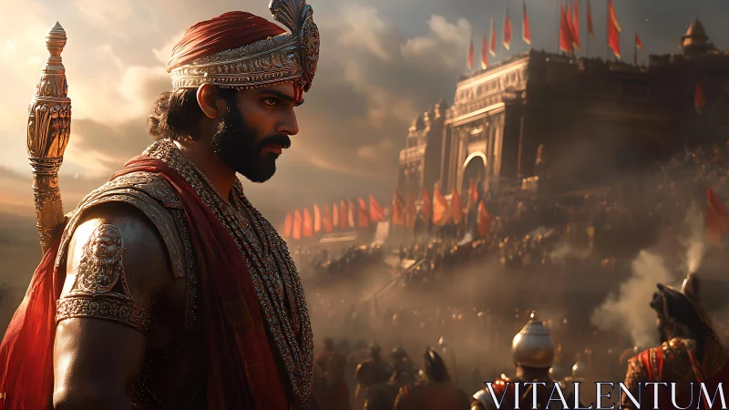 Sunlit warrior king before the roaring fortress crowd.