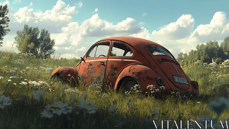 Weathered red car shell sits abandoned in tall meadow