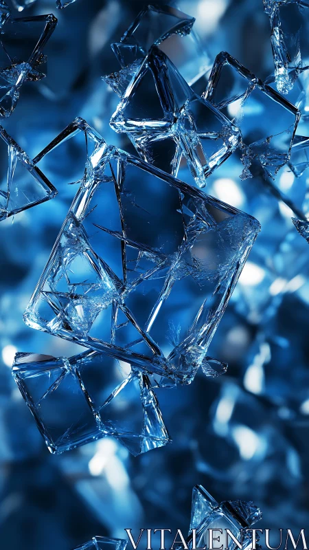 Refracted crystalline shards in suspended blue volumetric space.