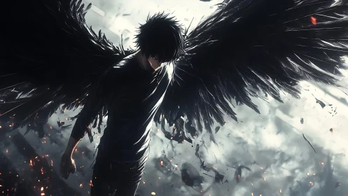 Dark winged warrior rises through storms and falling ash.