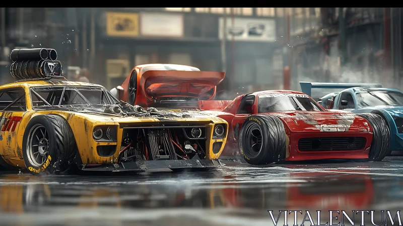 Turbo-charged bruisers idle, plotting glory on wet concrete