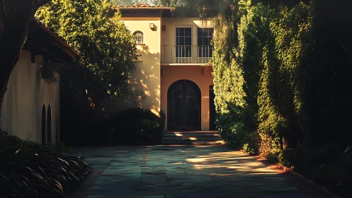 Sunlit courtyard path leading to a quietly inviting villa.