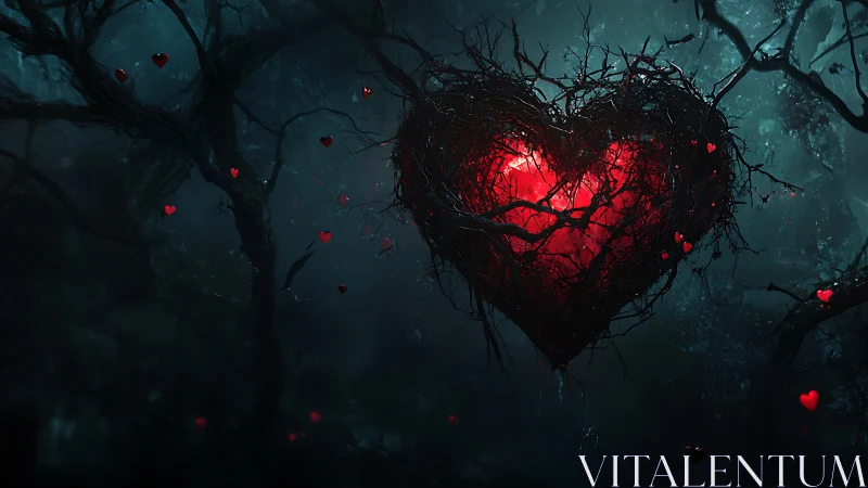 Luminous Heart Suspended in Dark Deciduous Forest with Photorealistic Rendering
