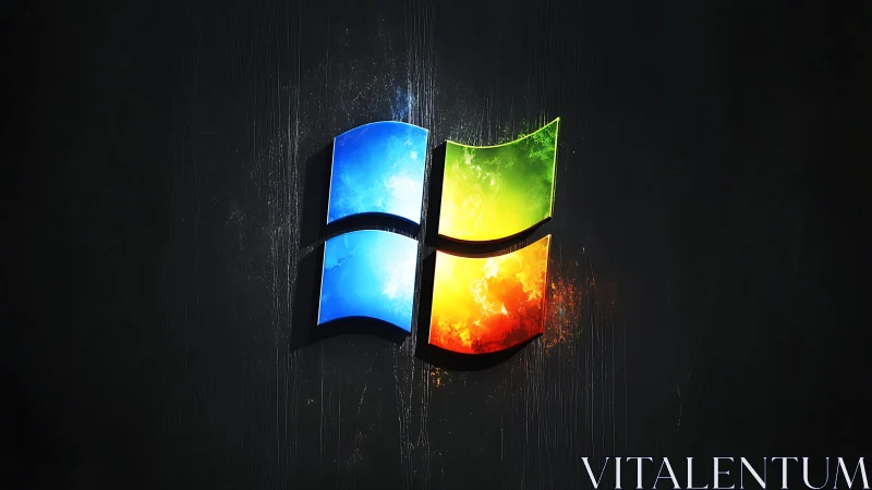 Glowing four-color window logo burns against dark metal backdrop