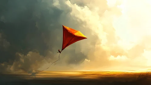 Solitary ember kite drifting between storm and sunrise.