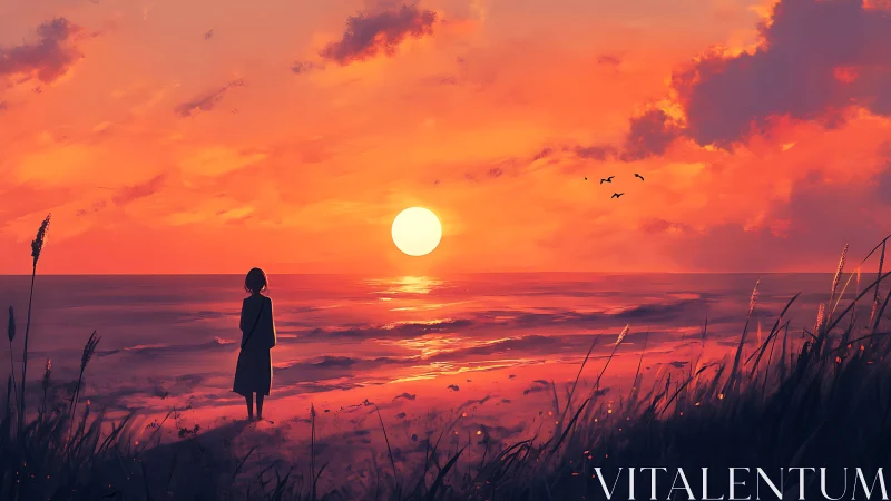 Solitary figure contemplates a blazing pastel sunset seascape.