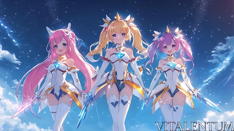 Starlit magical trio stands proudly in shimmering anime skies