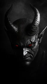 Horned demon portrait with glowing red eyes, dark background.
