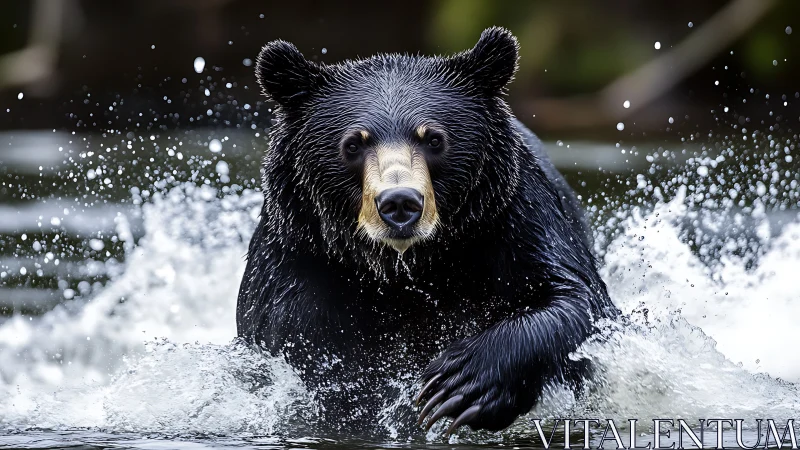 Powerful black bear splashes through a bright mountain river