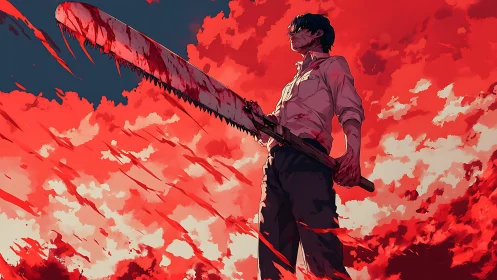 Dynamic anime illustration of blood-soaked warrior with chainsaw.