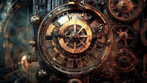 Steampunk clockwork engine turns within glowing brass gears.