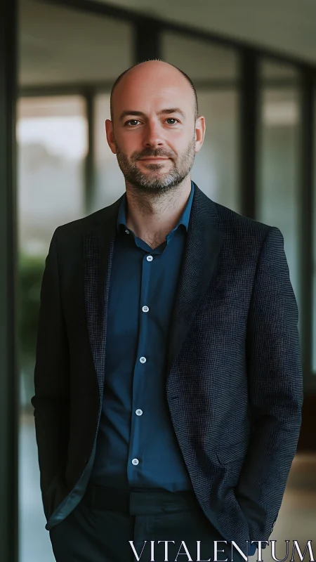 Corporate portrait of confident executive in modern hallway.