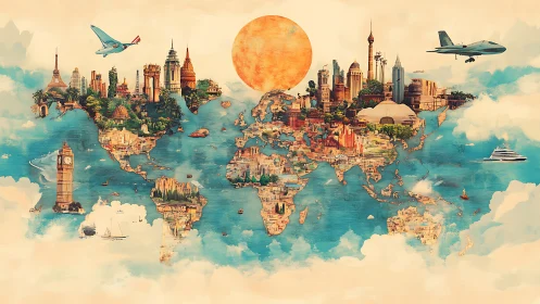 Illustrated world map with global city skylines and aircraft