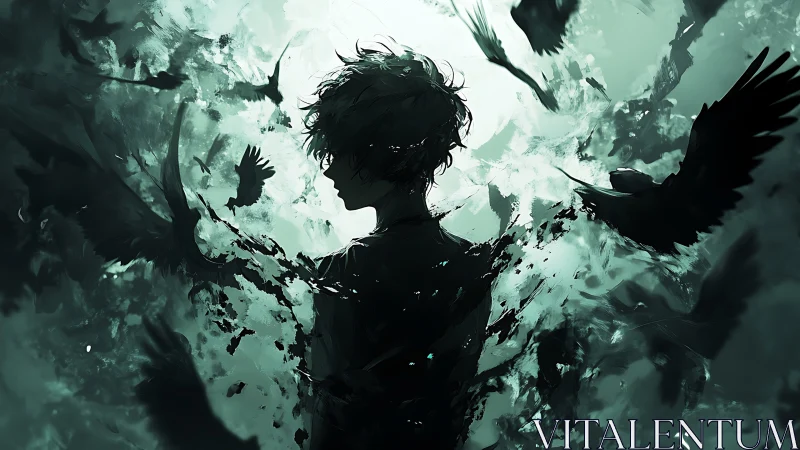 Silhouetted youth dissolves into storm of ravens and emerald haze