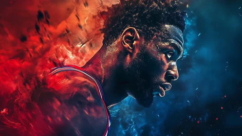 Fire and ice portrait of focused basketball warrior in motion.