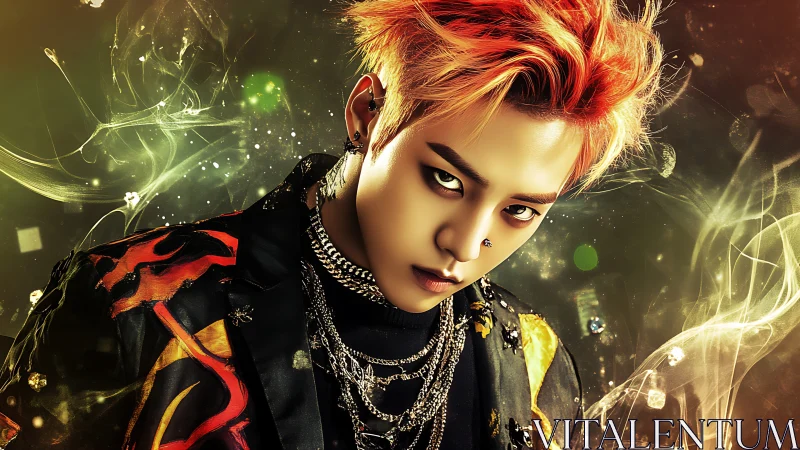 Neon-lit portrait of stylized idol with dynamic particle glow field