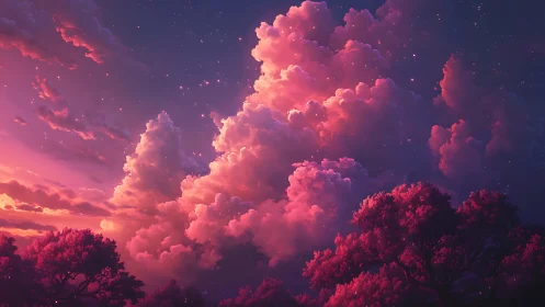 Chromatic cumulonimbus over magenta treeline at twilight.