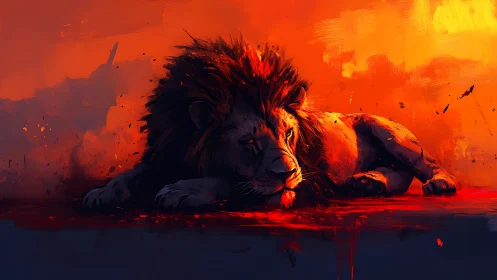 Digital painting of lion on crimson ground, high contrast lighting.