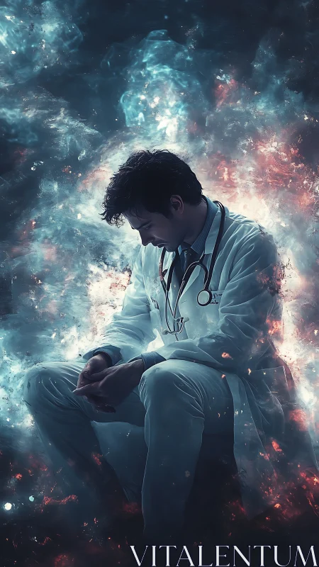Exhausted doctor sits amid cosmic energy storms in reflection.