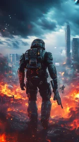 Armored soldier strides through blazing futuristic warzone
