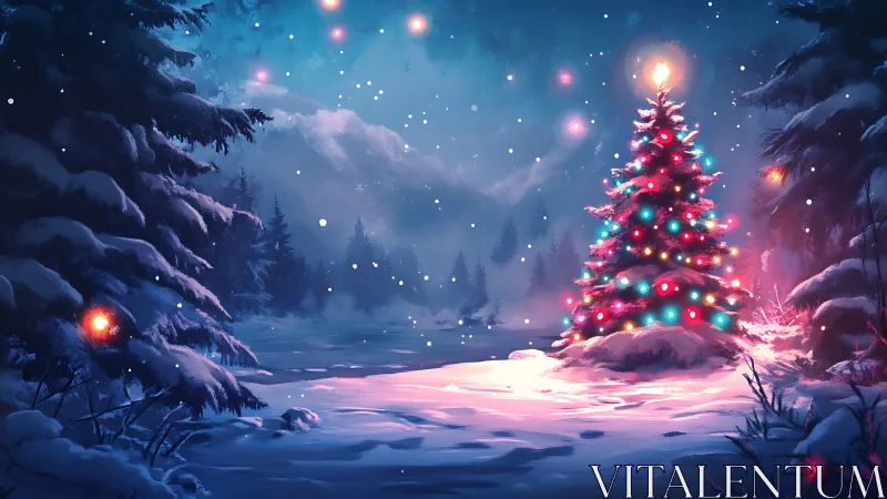 Luminous Christmas tree in snowy twilight forest clearing.