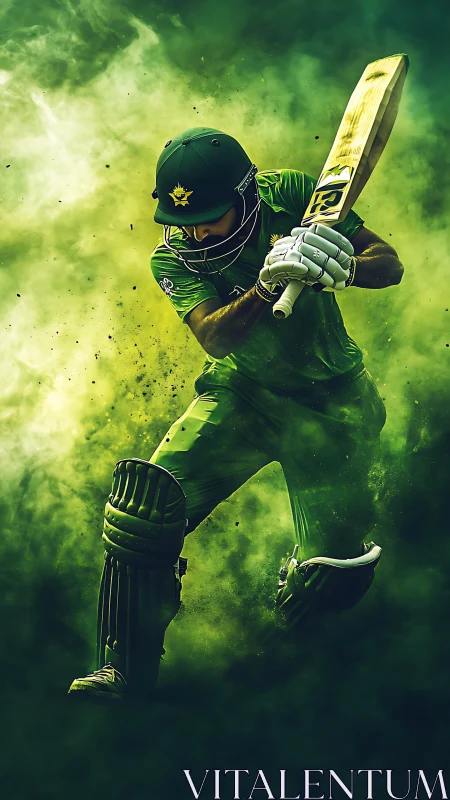 Dynamic green-clad cricket batsman in explosive motion frame.
