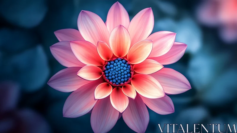 Pink Dahlia with Blue Stamens Against Teal Background.